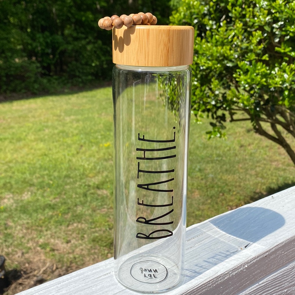 Rae Dunn LL BREATHE. Glass Water Bottle Bamboo Cap